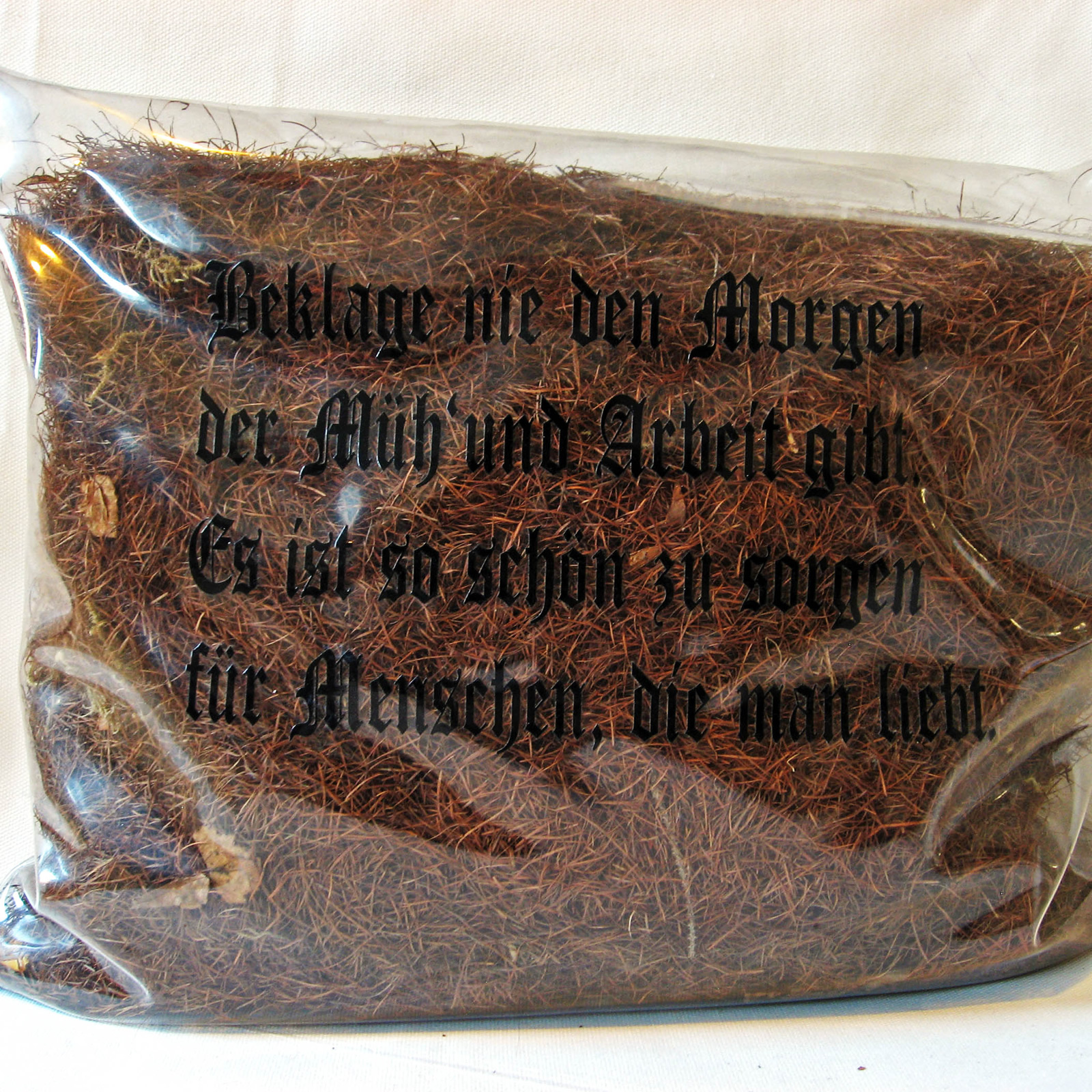 Kissen 2 aus Plastikfolie, bedruckt mit Sinnspruch